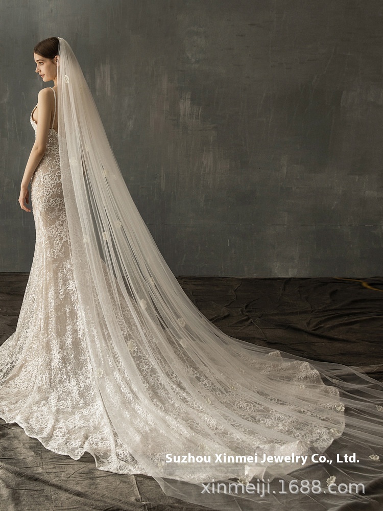 V641 Super Fairy Hand-sewn Flower Bridal Veil Long3-meter Trailing Church Travel Wedding Headdress