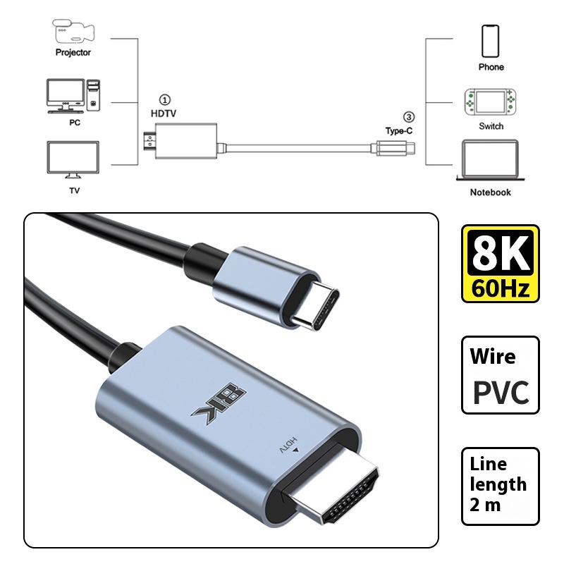 Type- C To H D M I2.1 Version Adapter Cable8 K60 Hz/4 K120 Hz High-definition Cable Mobile Phone Notebook Screen Projection Cable