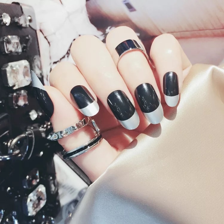 Black Silver Flash Dark Long False Nails Nail Pieces Wearable Detachable Nail Art Finished Nail Art Tools Nails