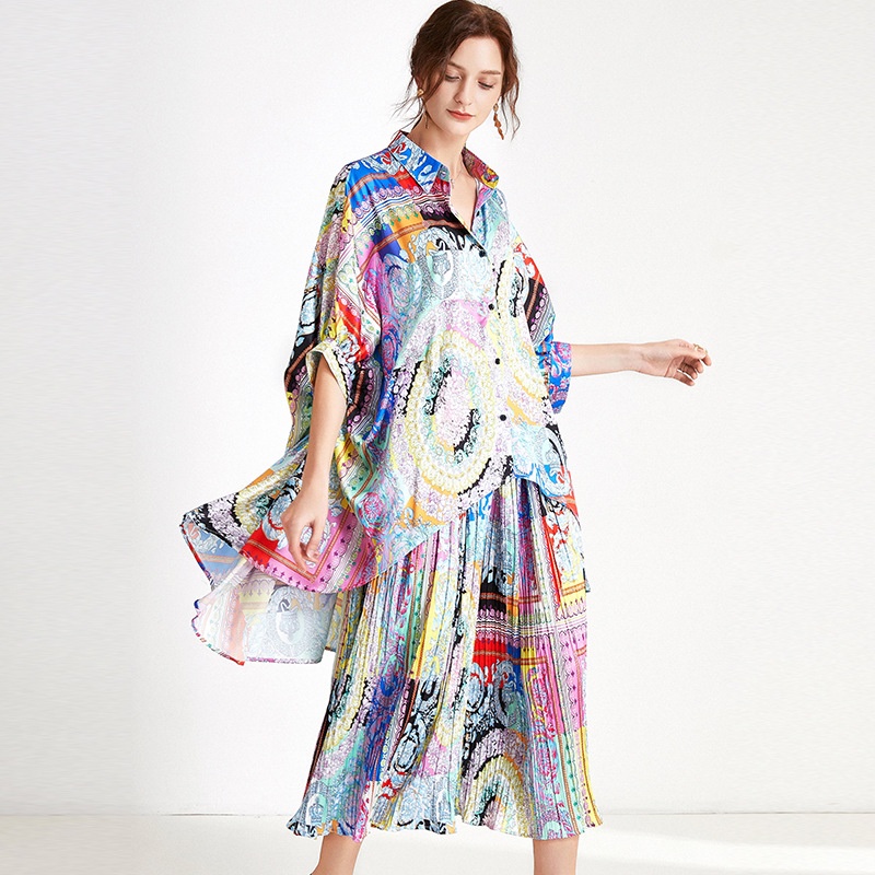 Plus Size Women's Suits Spring And Summer Fat Mm Loose Fashion Satin Print Slim Two-piece Suits Women's