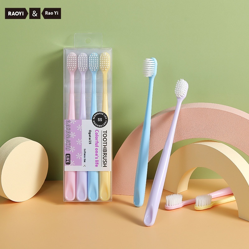RAOYIJapanese Style Macaron Small Head Toothbrush4 Pieces Family Pack Adult Soft Bristle Toothbrush S