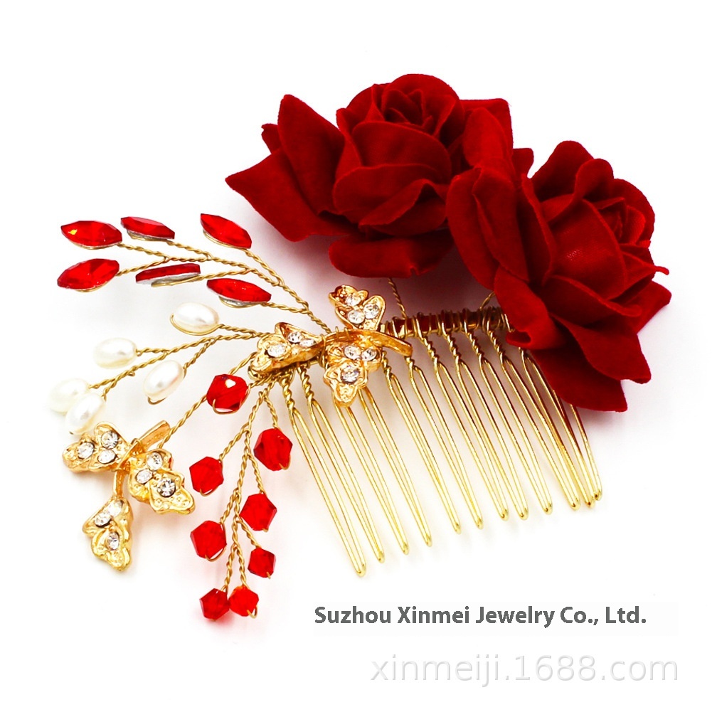 O929 Simulation Flannel Rose Red Bridal Headdress Xiuhe Clothing Accessories Head Flower Chinese Style Comb Hair Accessories