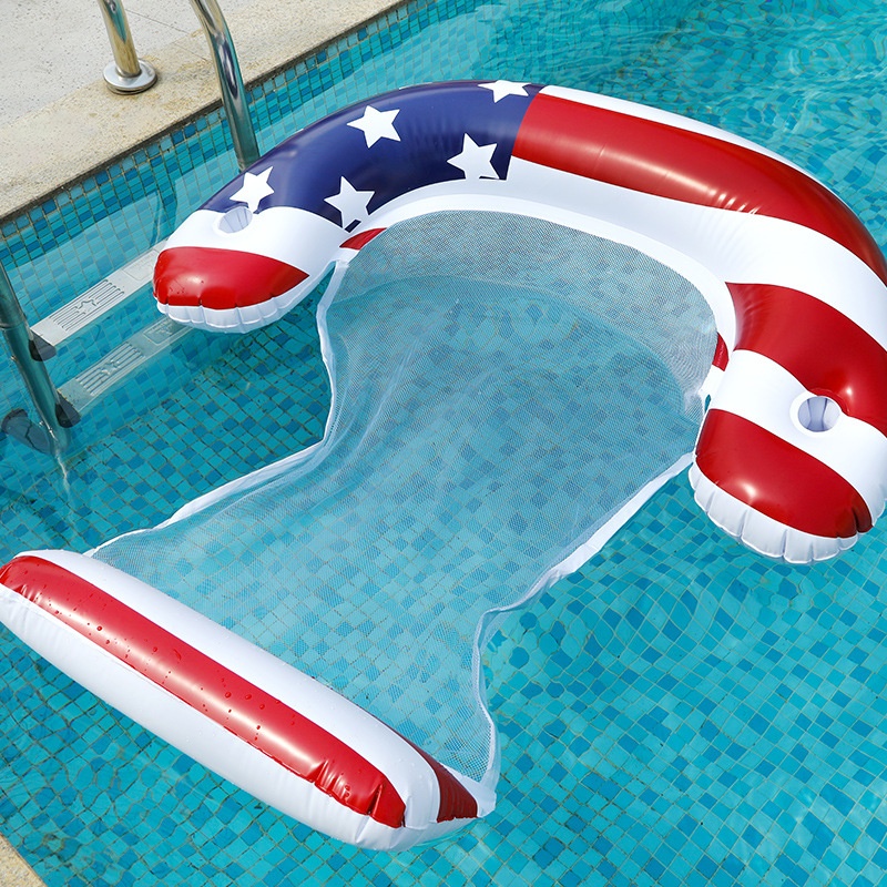 Inflatable Water Floating Bed With Net American Flag Foldable Double-use Backrest Floating Rowing Chair