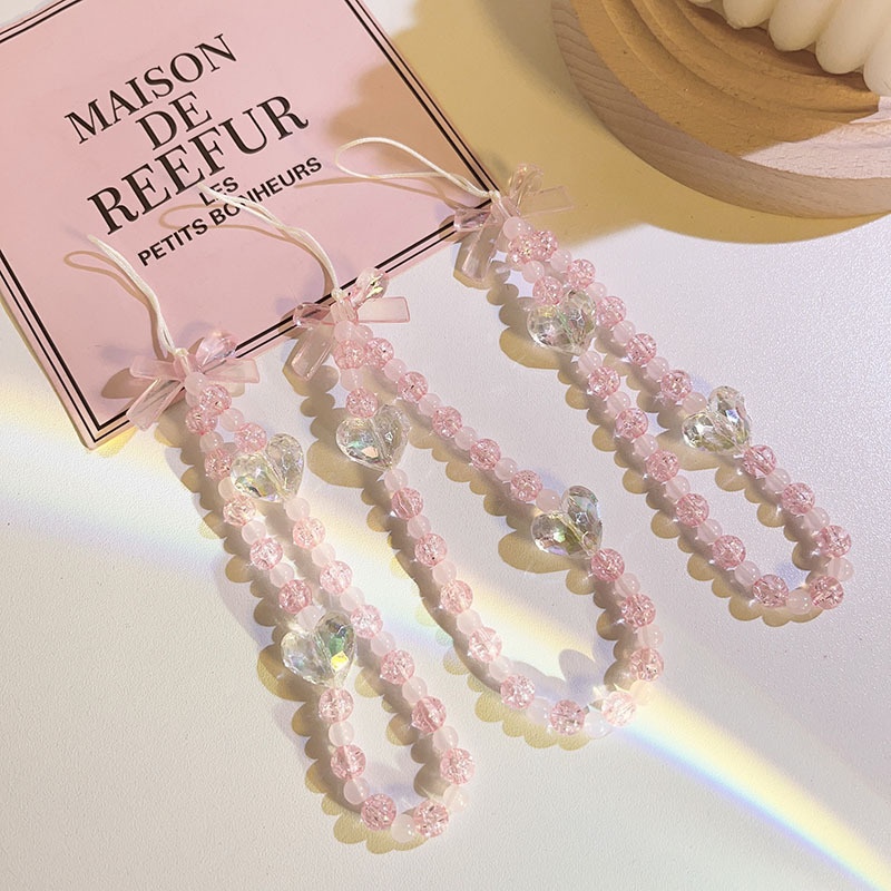 Japanese And Korean Pink Beads Love Mobile Phone Chain Universal All Mobile Phone Cases Ccd Lanyard Portable Headphone Set Hanging Chain Bracelet