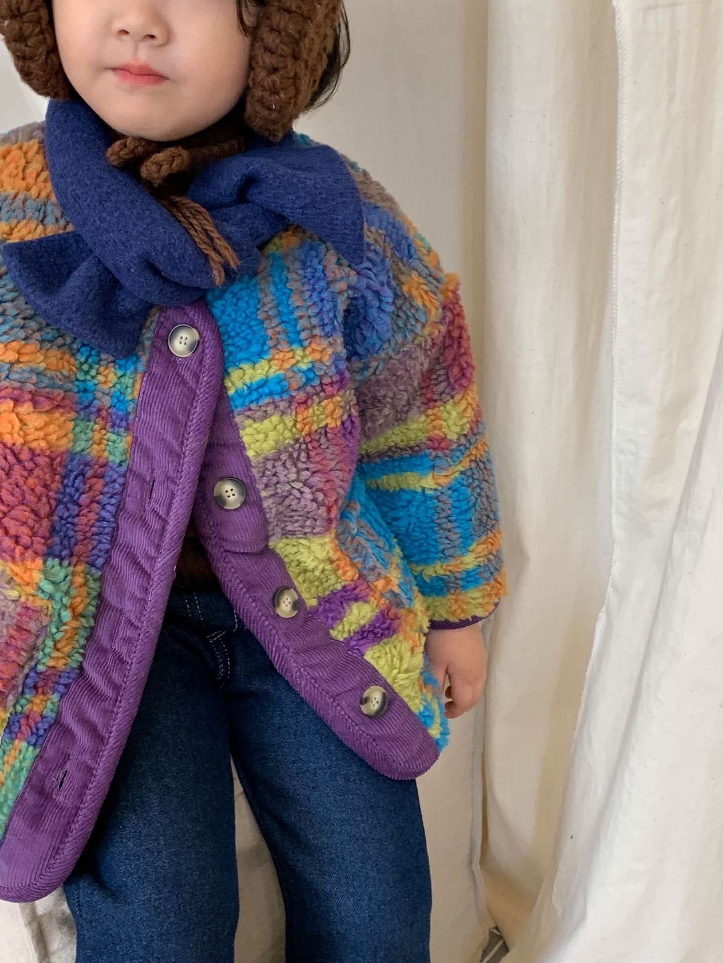 Children's Coat Laibaobao Winter Korean Children's Clothing Korean Version Of Color Plaid Thick Warm Girls Fur Top