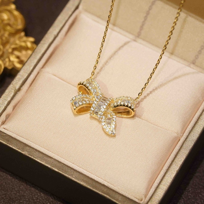 Fashion Small Fragrance Studded With Diamonds Light Luxury Girl Super Fairy Bow Necklace Female Temperament Elegant Clavicle Chain Female