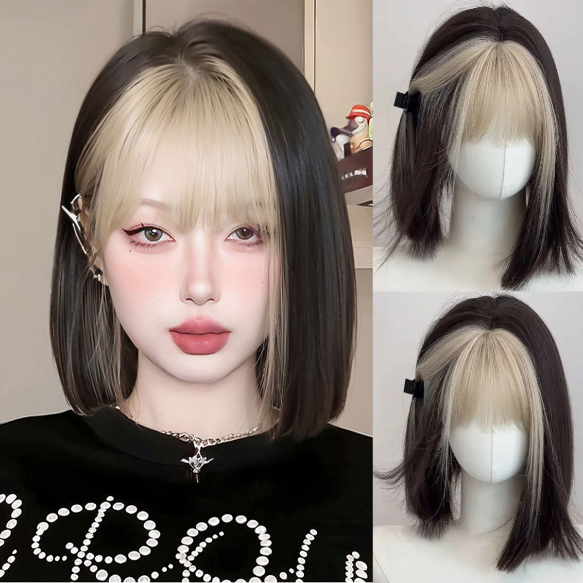 Xuchang Wig Platinum Bangs Dye Short Hair Wig Women's Full Head Natural Simulation Hair One-size-fits-all Short Straight Hair Set