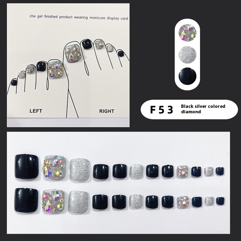 Wearable Toenail Patches,Internet Celebrity Style,Black And Silver Colored Diamond Nail Art,Finished Toenail Stickers,Detachable Whitening Nail Patches