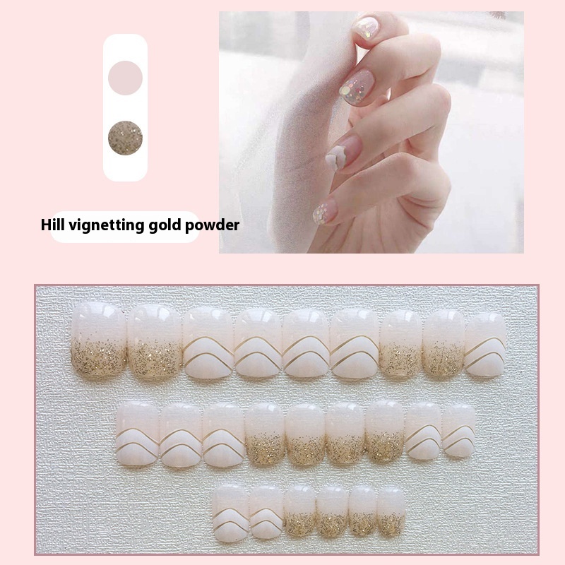 24 Pieces Of Short Nail Art Finished Products In ABox,Hills,Gold Powder,Fake Nails,Fresh,Wearable,Detachable Nail Stickers