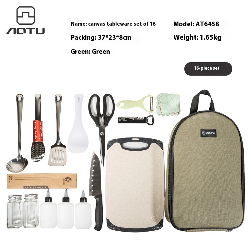 Outdoor Knife Kitchenware16-piece Set Stainless Steel Camping Equipment Portable Storage Bag Cookware Tableware Picnic Camping