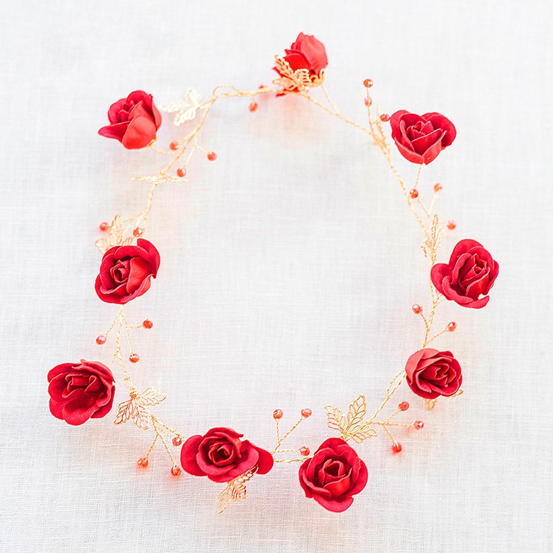 O518 Chinese Retro Bridal Headband Red Rose Wedding Dress Studio Photo Headdress Clearance Has Defects