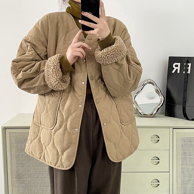 Zhiqingxi V-neck Splicing Lamb Wool Cotton Coat Female[Korean Style Girl]Cotton Coat5209