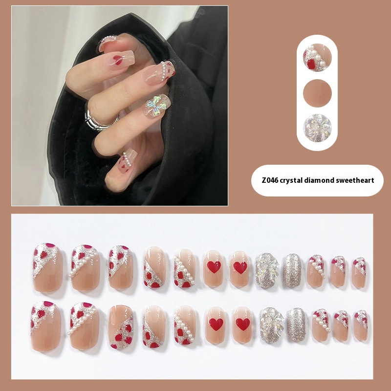 Crystal Cat's Eye Pearl Heart Bow White Fairy Nail Art Short False Nails Detachable Wearable Nail Piece