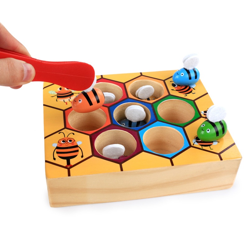 Montessori Early Education Wooden Bug Catching Game Kindergarten Puzzle Play House Color Cognition Clip Little Bee Toy