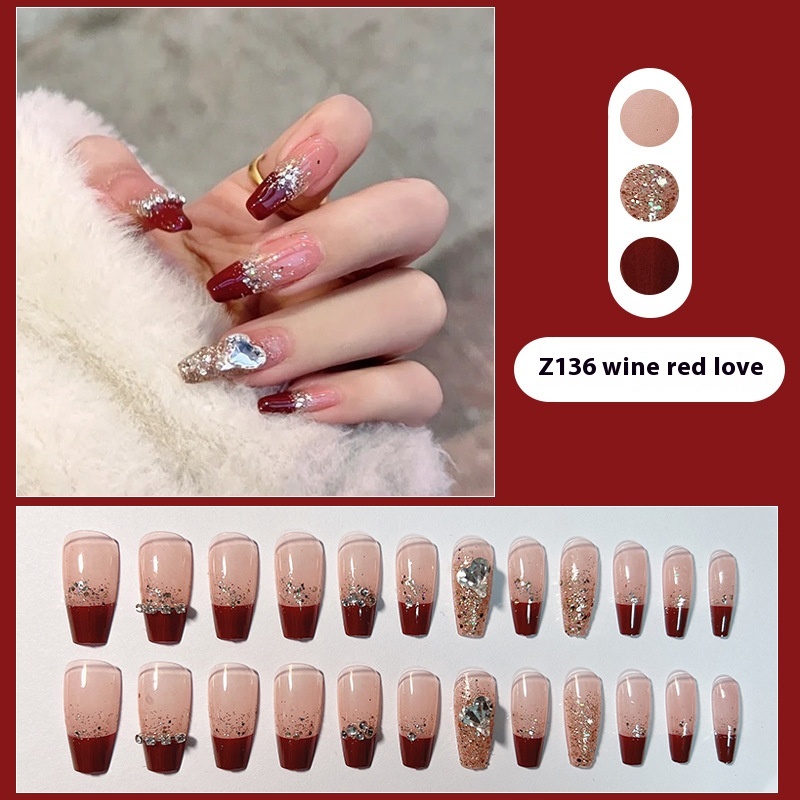 False Nail Patches French Wine Red Love Diamond White Year Removable Wearable Nails Manicure Finished Nails