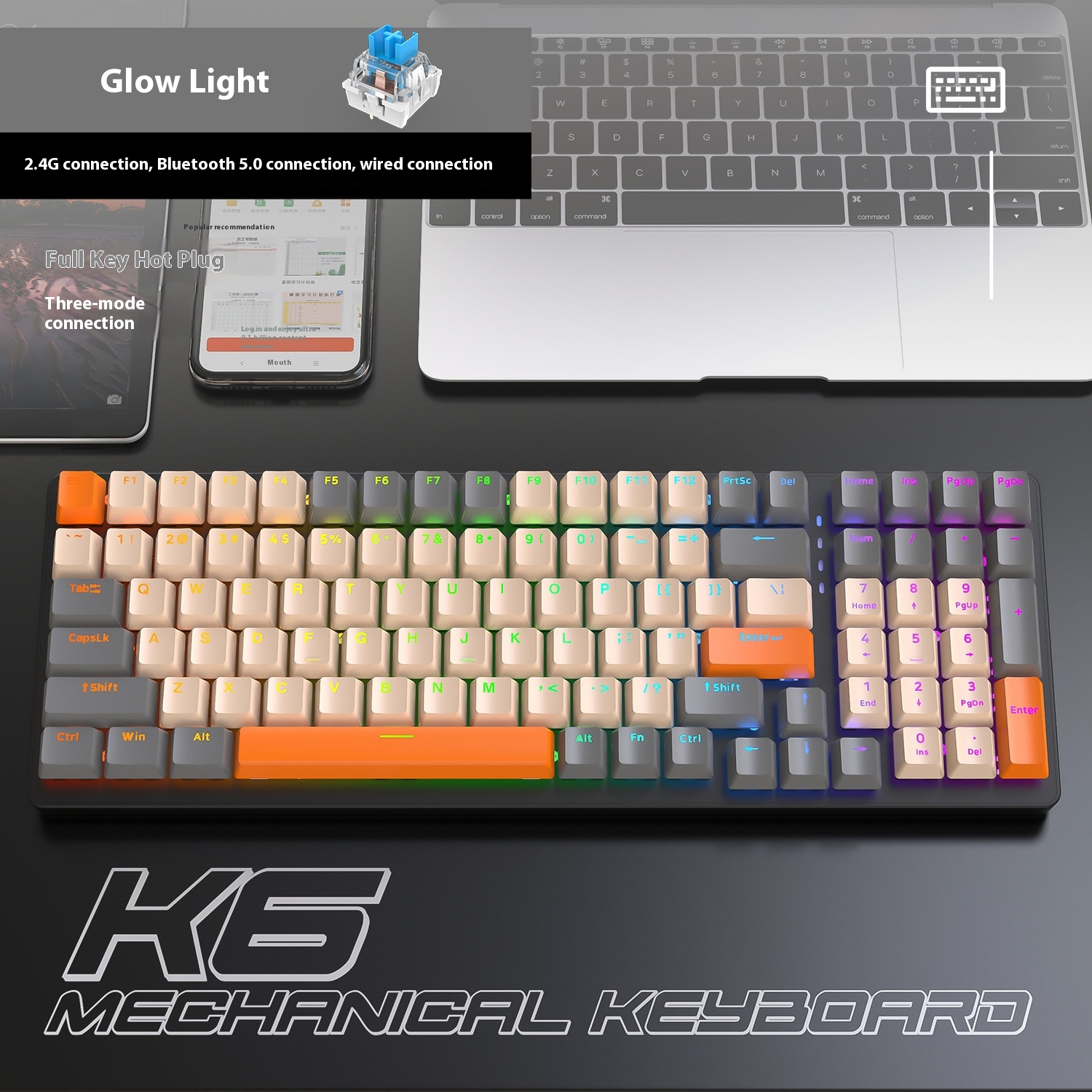 Freewolf K6 Bluetooth Three-mode Mechanical Keyboard Hot-swappable980 Gaming E-sports Notebook Mechanical Keys