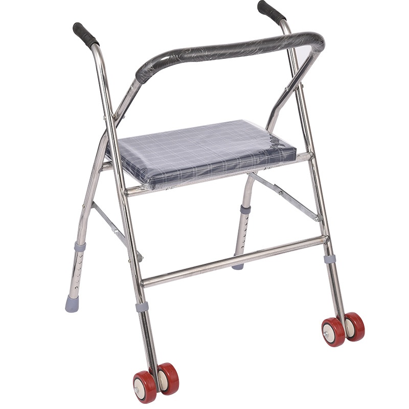 Stainless Steel Foldable Walker With Wheels. Crutch Stool Twisting Wheel Sit Walker With Adjustable Height