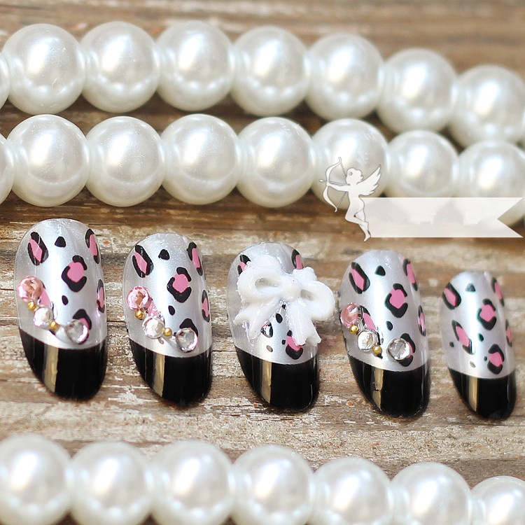 Leopard Print Bowknot False Nails Wearable Detachable Nail Art Finished Nails Photo Studio Bridal Photo Nail Art Tools