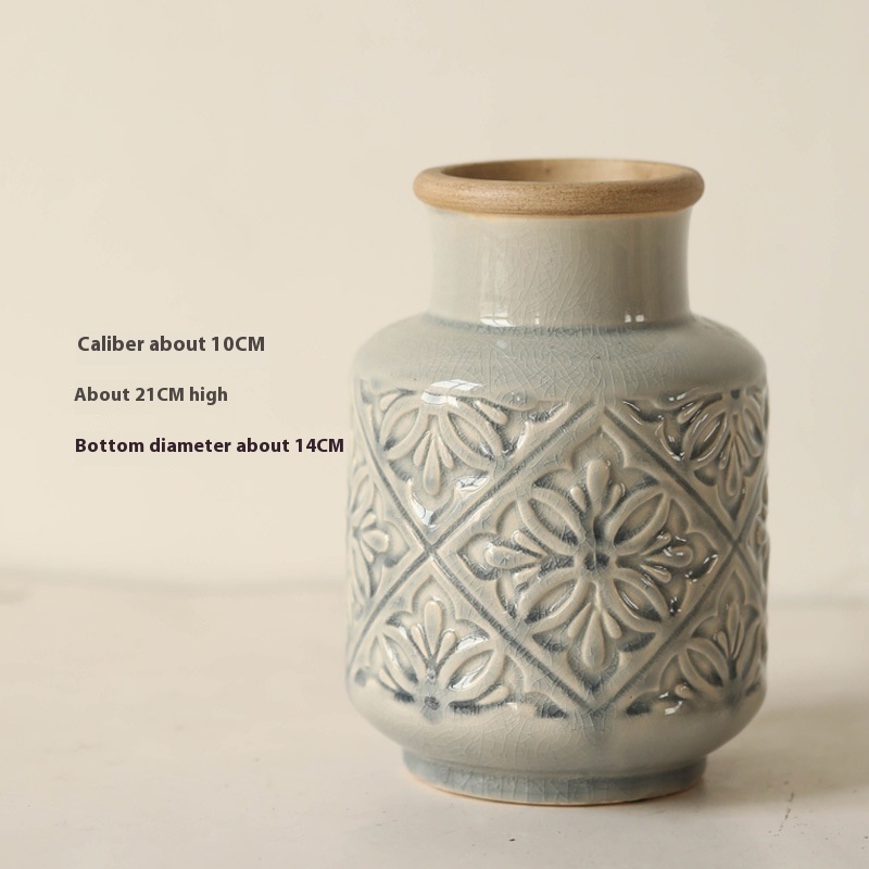 Retro Domino Relief Pattern Vase Ornaments Home Accessories Low-end American Ceramic Flower Vase