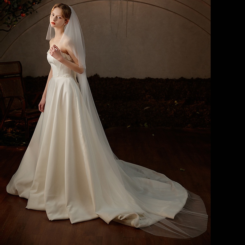 V739 Double-layer Simple Bride Wedding Veil White Long Trailing Wedding Travel Photo Soft Yarn Can Cover The Face
