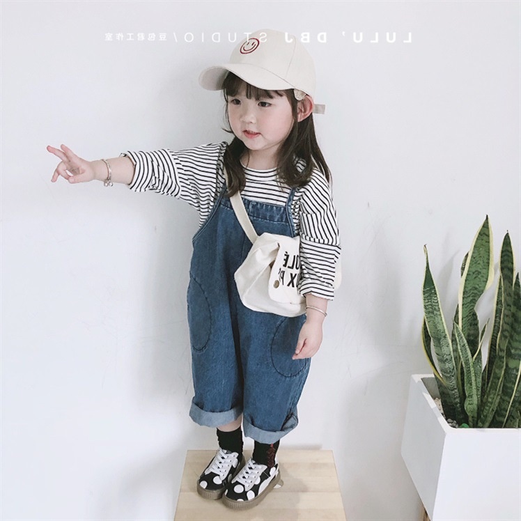 Flathead22 Spring And Autumn Boys And Girls Denim Wide Leg Pants Korean Baby Children Retro All-match Denim Overalls