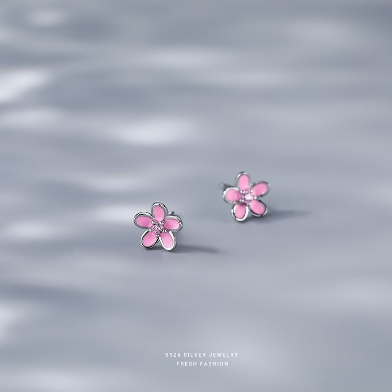 S925 Sterling Silver Pink Cherry Blossom Earrings Female Korean Version Of Micro-inlaid Flower Earrings Niche Design Small Fresh Earrings