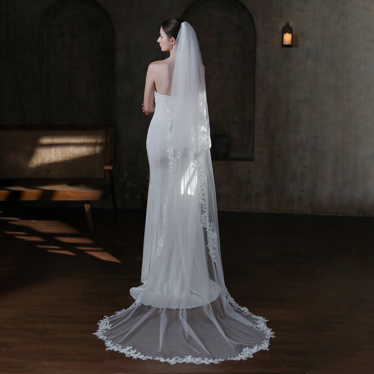 V868 Trailing Bridal Veil Long Double Lace Lace Face-covering Church Wedding Travel Soft Yarn Headdress