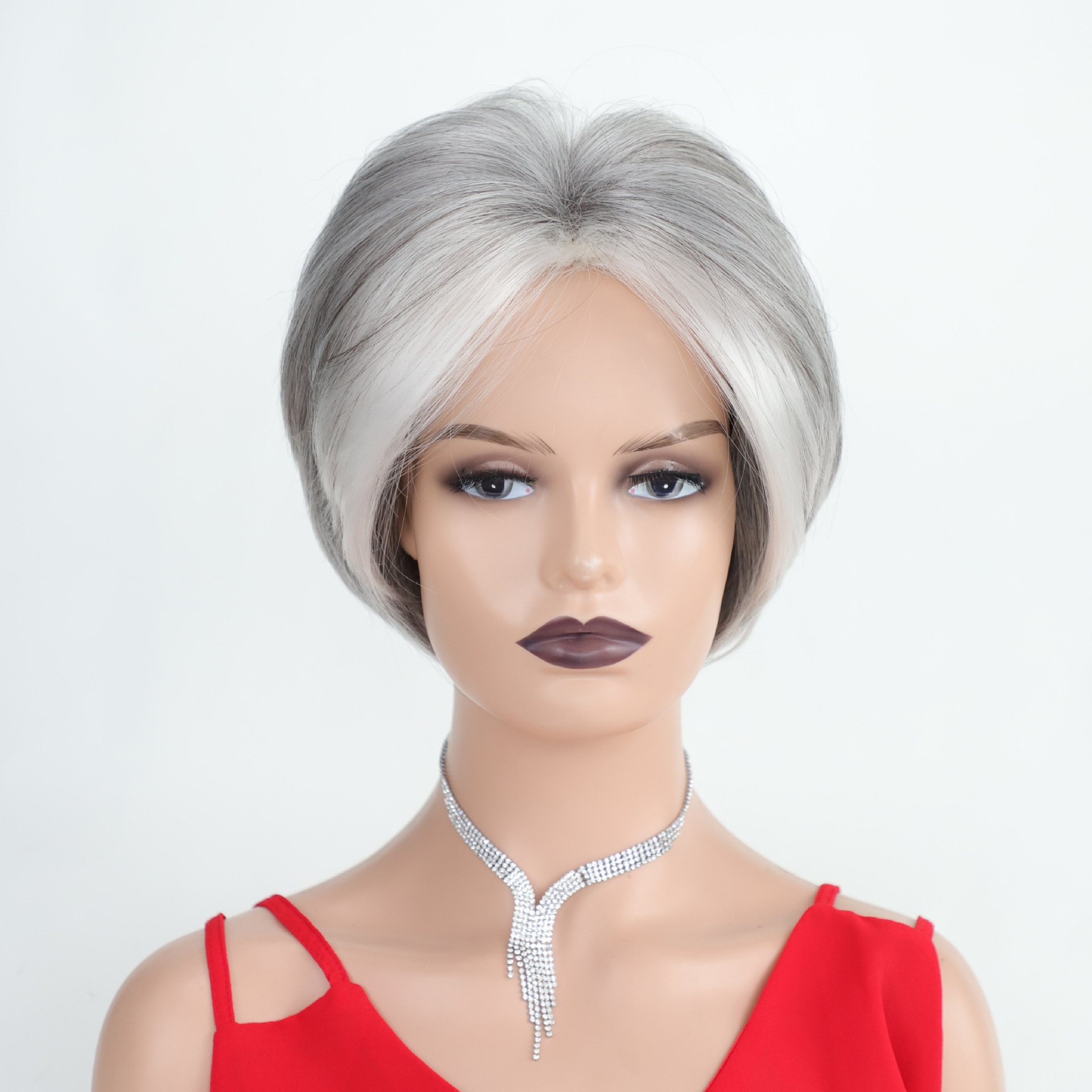 Wig European And American White Wig Fashion Gray Highlights Short Wave Wave Chemical Fiber Head Set A