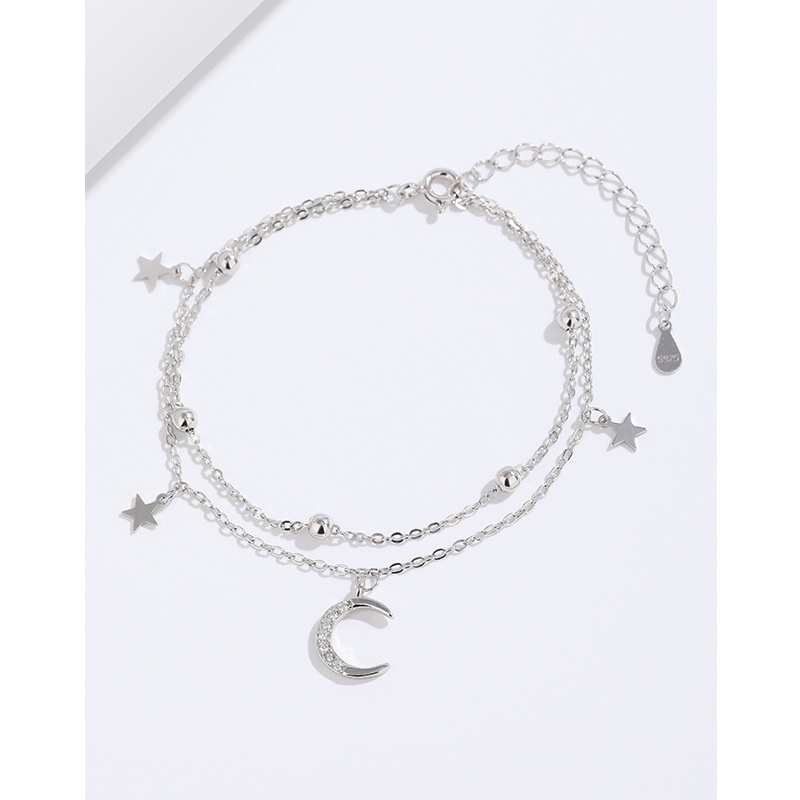 925 Sterling Silver Double-layer Star And Moon Bracelet For Girls Sweet And Fresh Niche Design Girlfriend Light Luxury High-end Jewelry