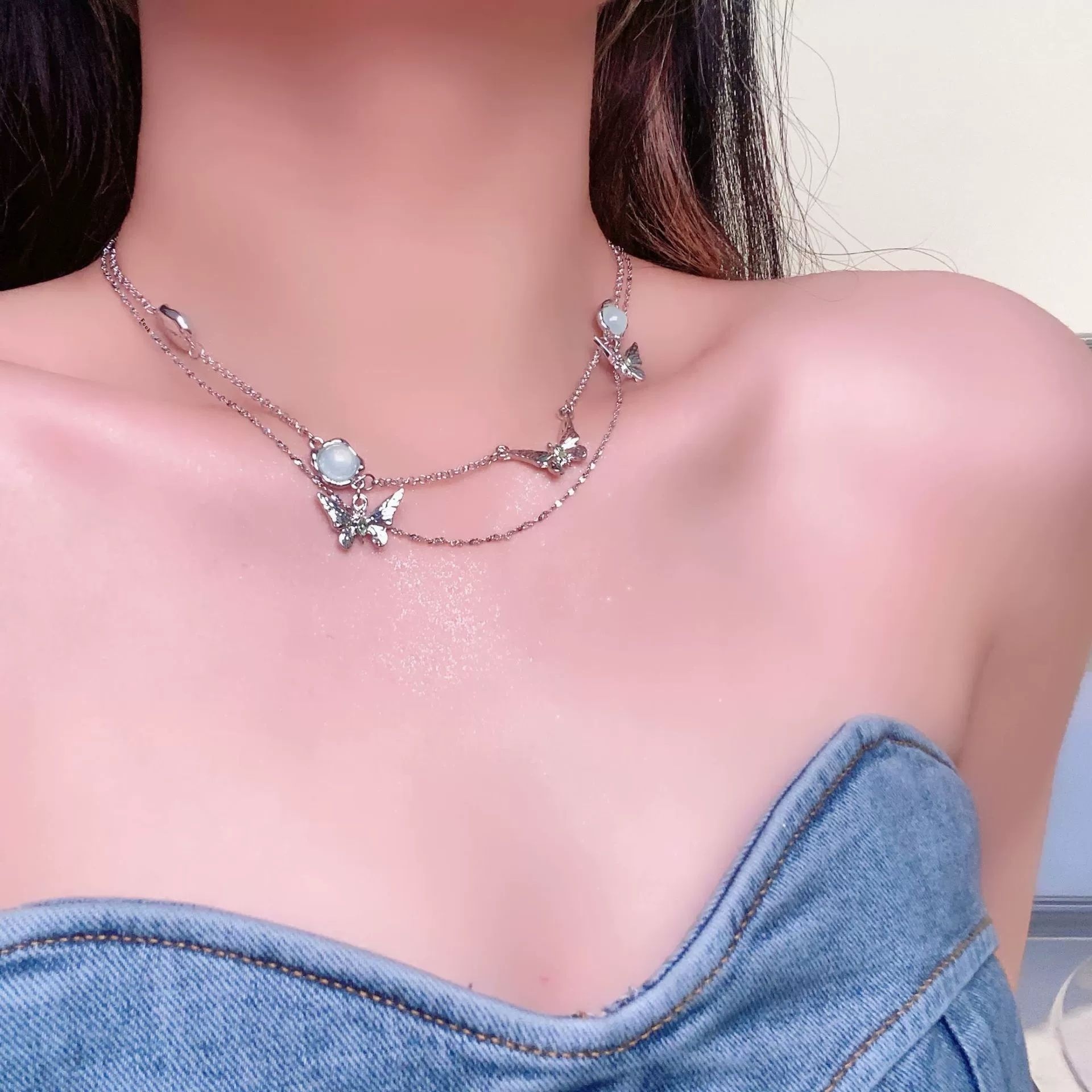 Sweet Cool Style Butterfly Pendant Double Layer Stacked Necklace Women's Niche Design Sense Fashion All-match High-end Necklace