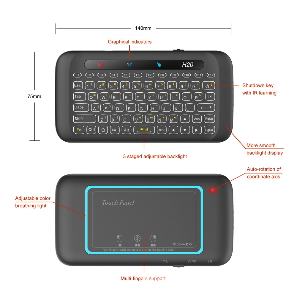 H20 Mini Backlit Keyboard Wireless Touchpad Mouse Double- Sided Keyboard And Mouse Combo Set Colorful Breathing Light