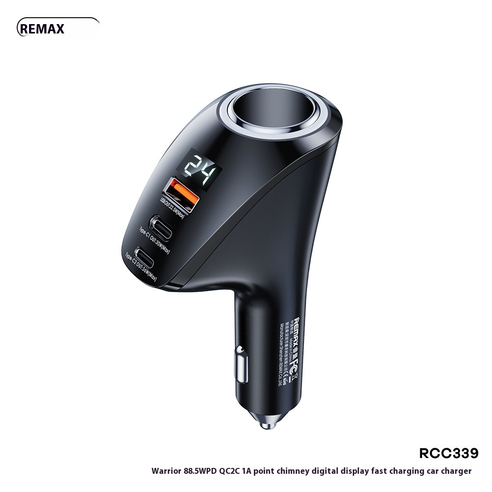 REMAXWarrior88.5 WSuper Fast Charging2 C+1 ACigarette Lighter Digital Display Car Charger Extended Car Charger RCC339