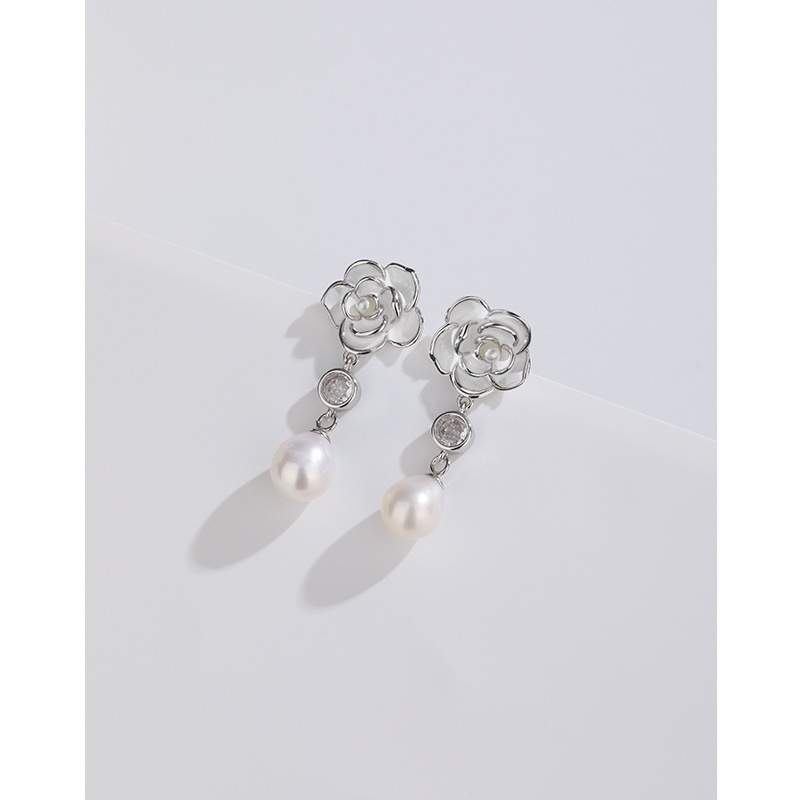 925 Sterling Silver Pearl Earrings Light Luxury High-end Camellia Earrings Niche Temperament Earrings Flower Long Earrings
