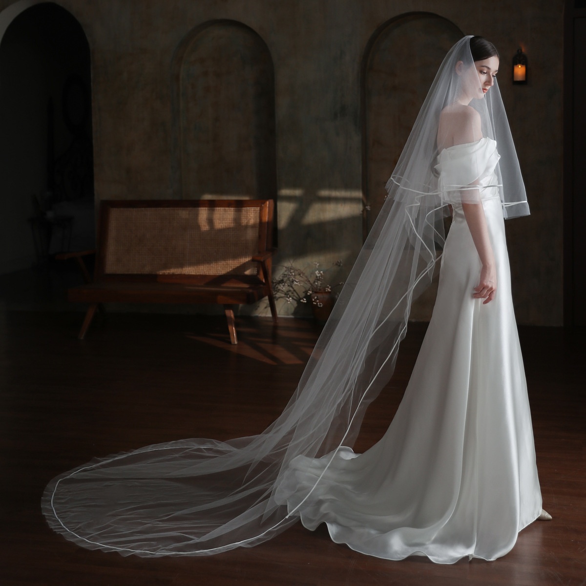 V864 High-grade Satin-edged Long Bridal Veil,White Double-layer Trailing,Super Fairy Wedding Travel Photography Face-covering Headwear