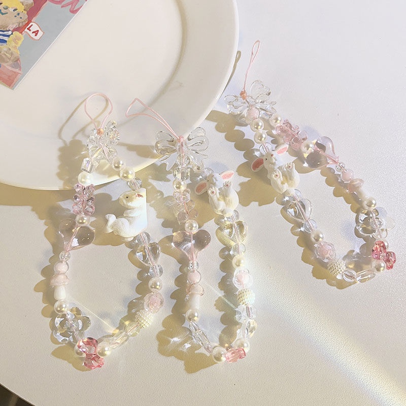 Girly Heart Rabbit Bead Bracelet Universal Mobile Phone Case Pendant Camera CCDKeychain Female Mobile Phone Lanyard