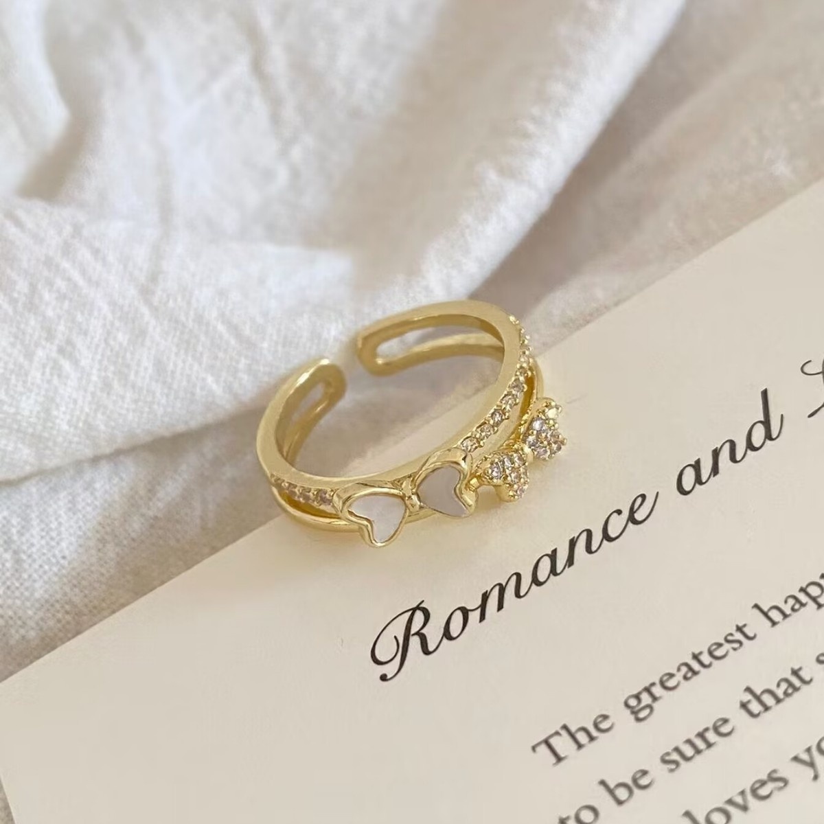 Shell Bow Ring Elegant Sweet Small Exquisite Zircon Bow Open Ring Light Luxury Fashion Ring