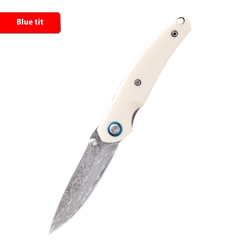Damascus Steel Folding Knife Imitation Cattle Bone Handle Outdoor Knife Multifunctional Fruit Knife Portable Knife