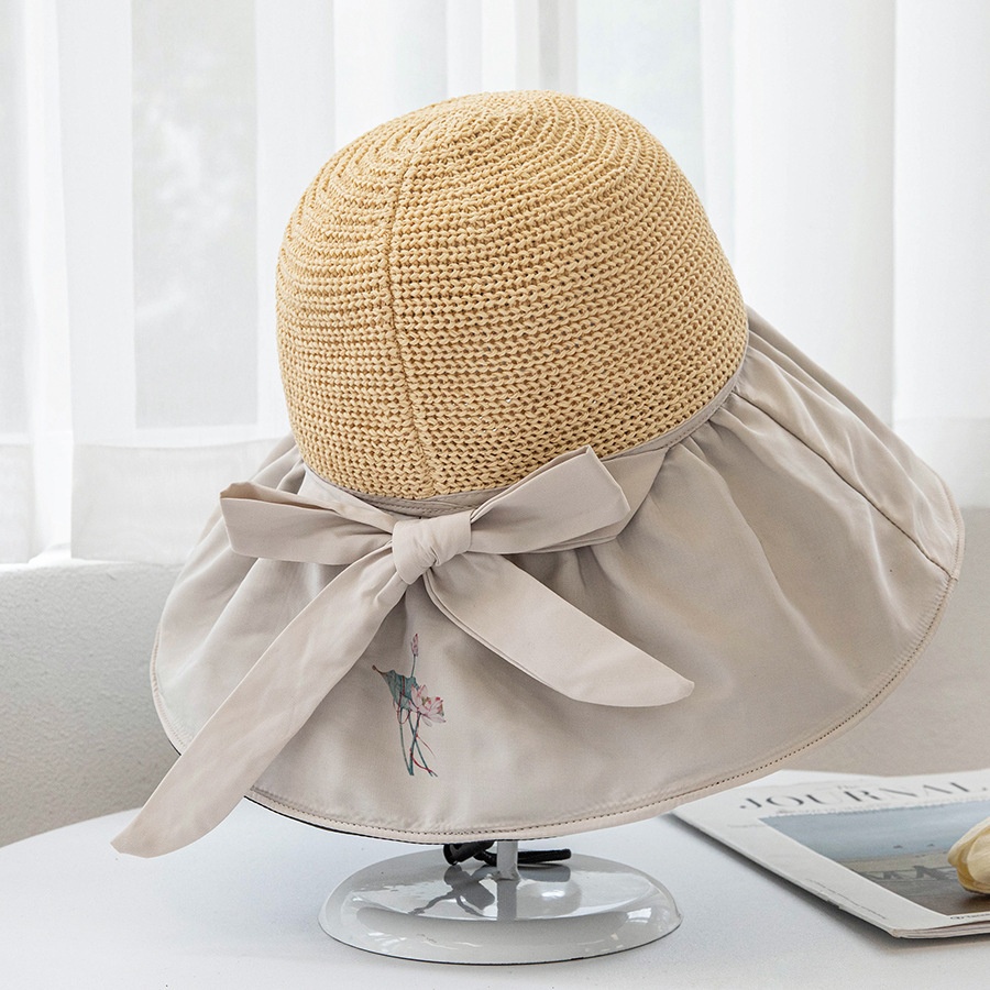 Retro Chinese Style Elegant Lotus Splicing Sun Protection Wide Brim Hat For Women Summer Versatile Casual Face Covering Black Vinyl Sun Hat