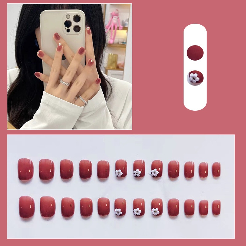 24 Pieces In ABox Short Grapefruit Red Small Flowers Wearable Detachable Manicure False Nails Finished Nails