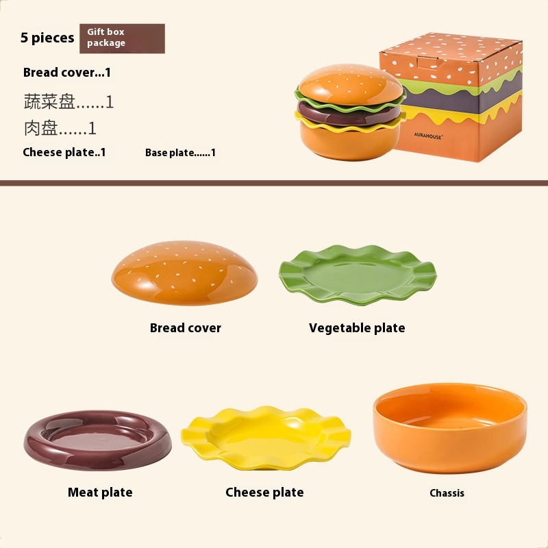 Hamburger-Shaped Plate And Bowl Set Ceramic Creative Tableware Dish Plate Dessert Plate Underglaze Color Bowl National