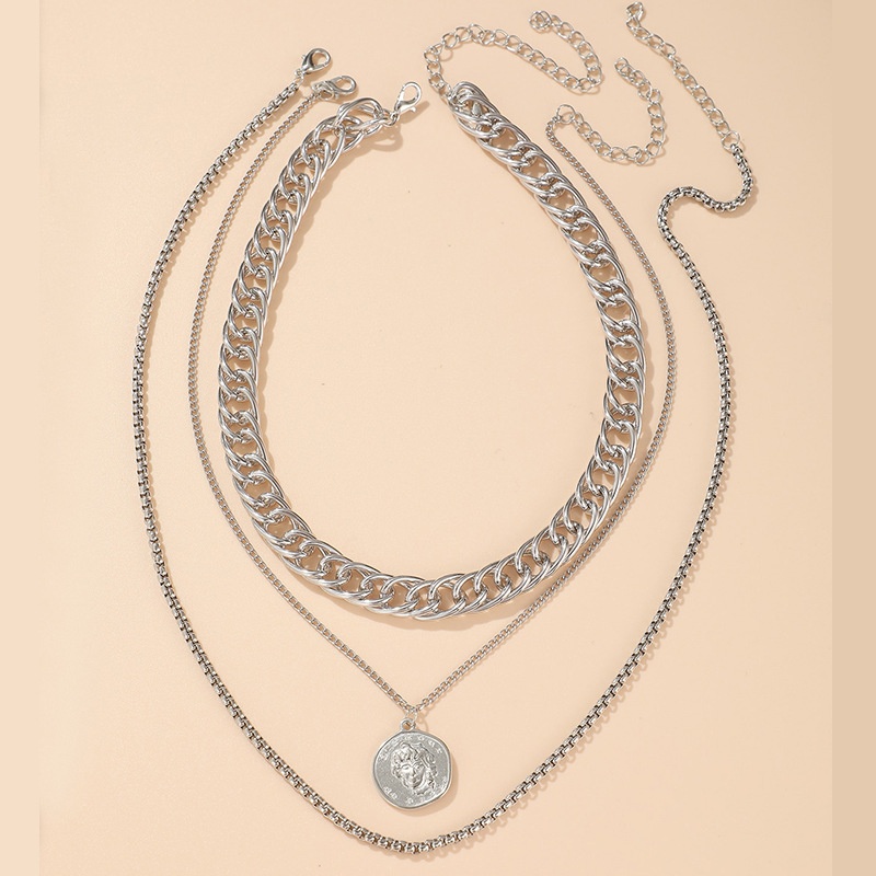 Punk Multi-layer Chain Necklace,Fashion Silver Portrait Coin Pendant Necklace