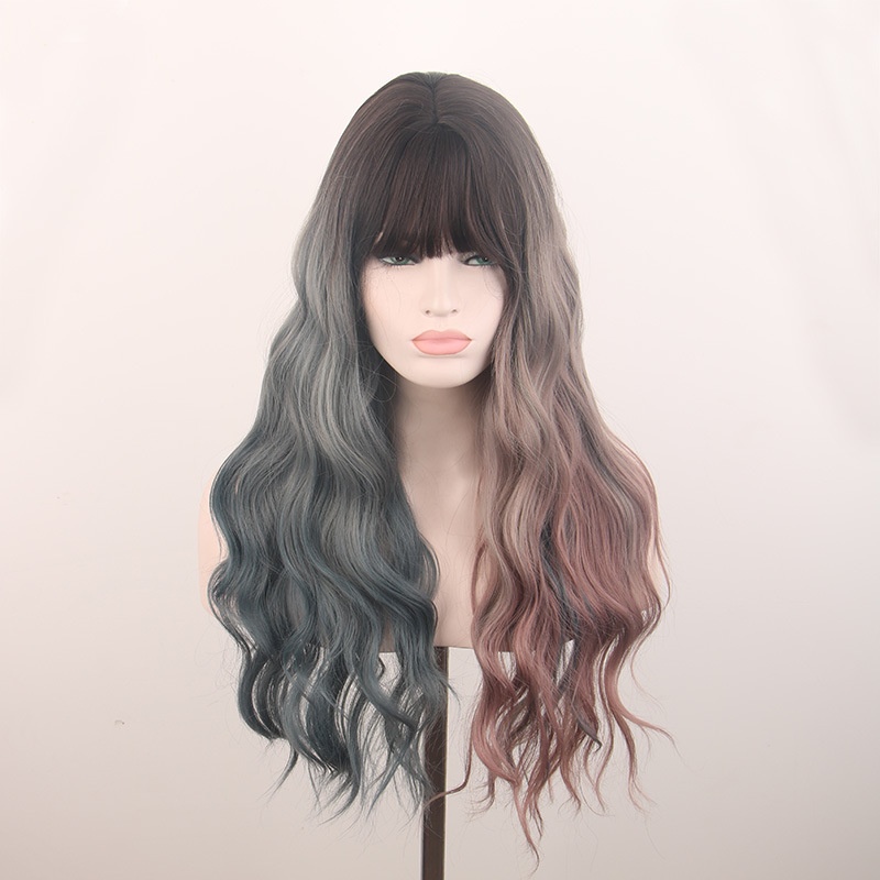 Gradient Mandarin Duck Dyed Wig Wig Full Bangs Wig Women Full Head Cover Long Curly Hair Big Wave High Temperature Silk