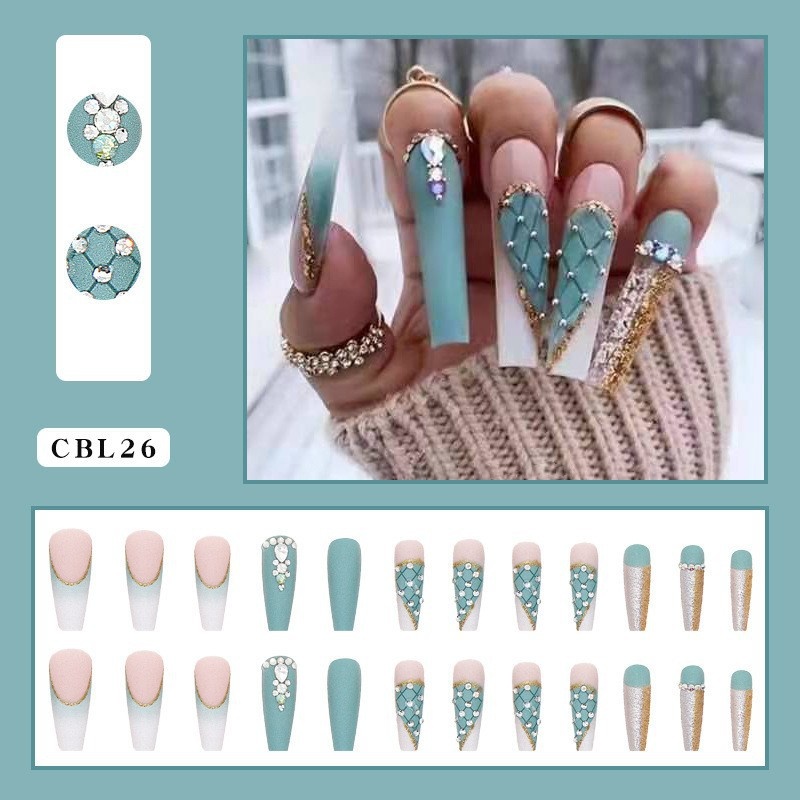 Nail Stickers Finished Product Haze Green Checkered Diamond Style Ballet Long Nails Wearable Nail Art Press On Nails