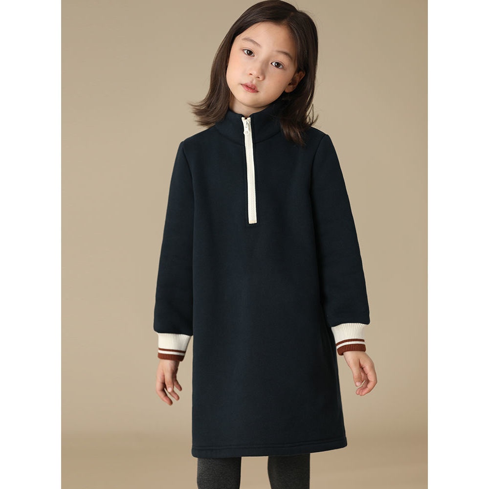 Children's Clothing Autumn And Winter Arrivals Girls Zipper Stand Collar Plus Velvet Thick Warm Sports Loose Sweater Dress Simple