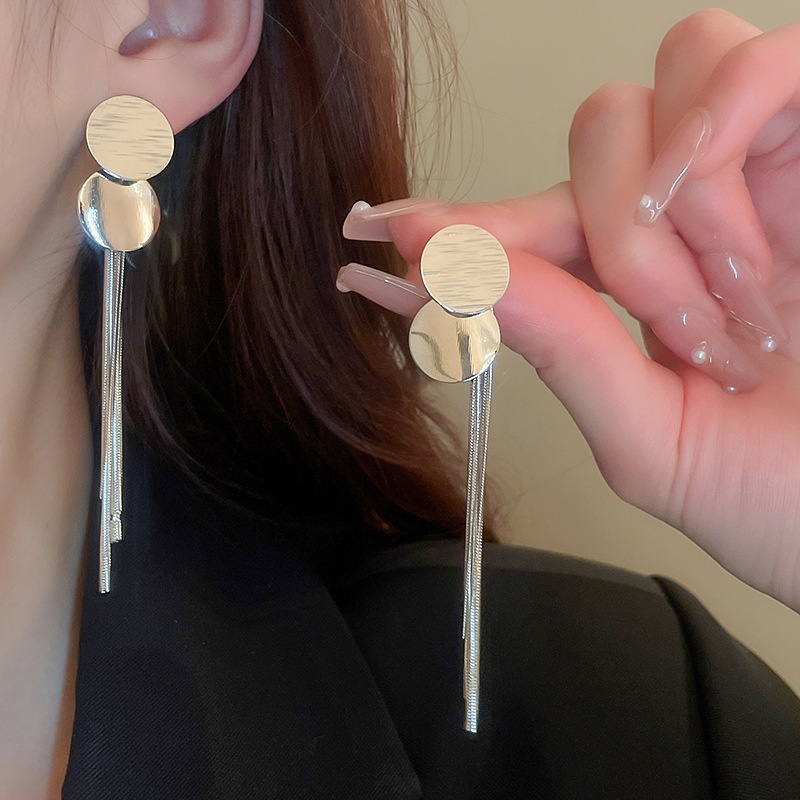 Geometric Tassel Ear Clip Hot Style High-End Long Style Unique Elegant Exaggerated Silver Pierced Earrings