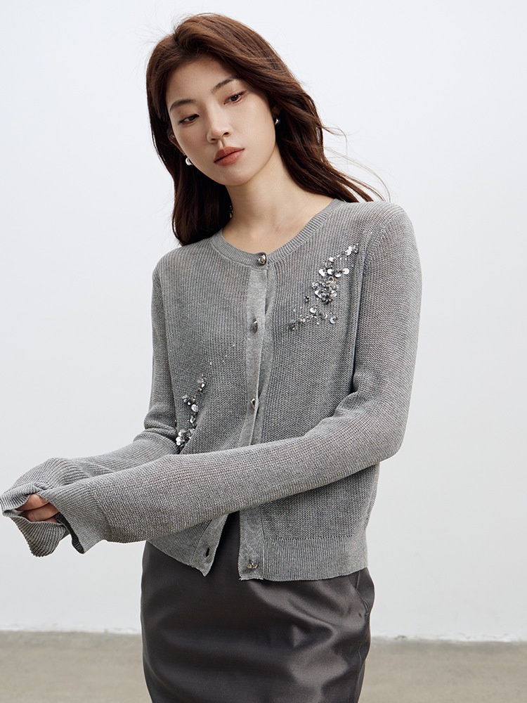 Tencel Linen Knitted Cardigan Thin Hand-beaded Sweater Jacket