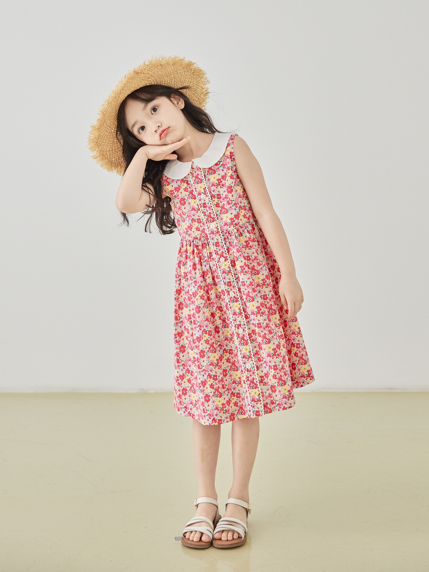Girls Spring And Summer Red Floral Vest Dress Pure Cotton Sleeveless Lapel Sweet Princess Dress
