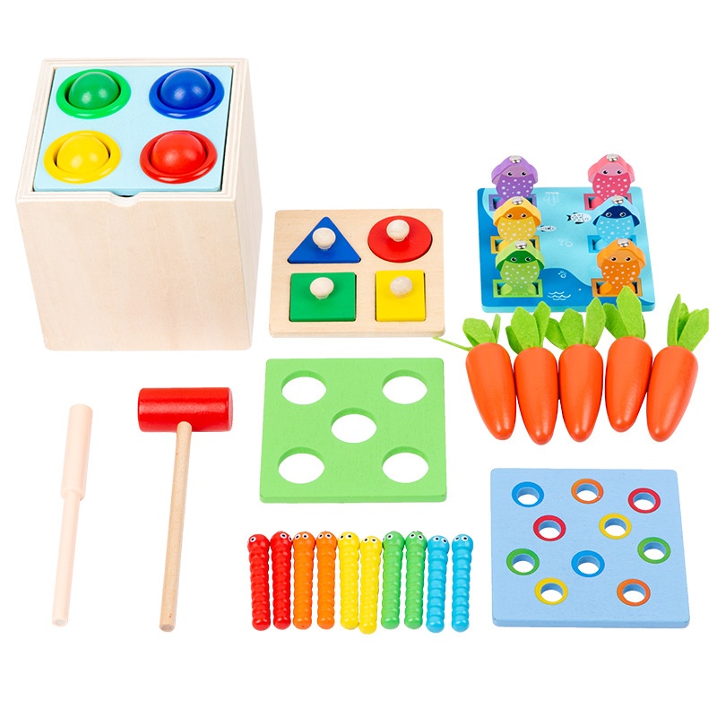 Wooden Montessori Children's Five-in-one Knock Ball And Pull Carrot Intelligence Box Teaching Aids Early Education Color Matching Cognitive Toys