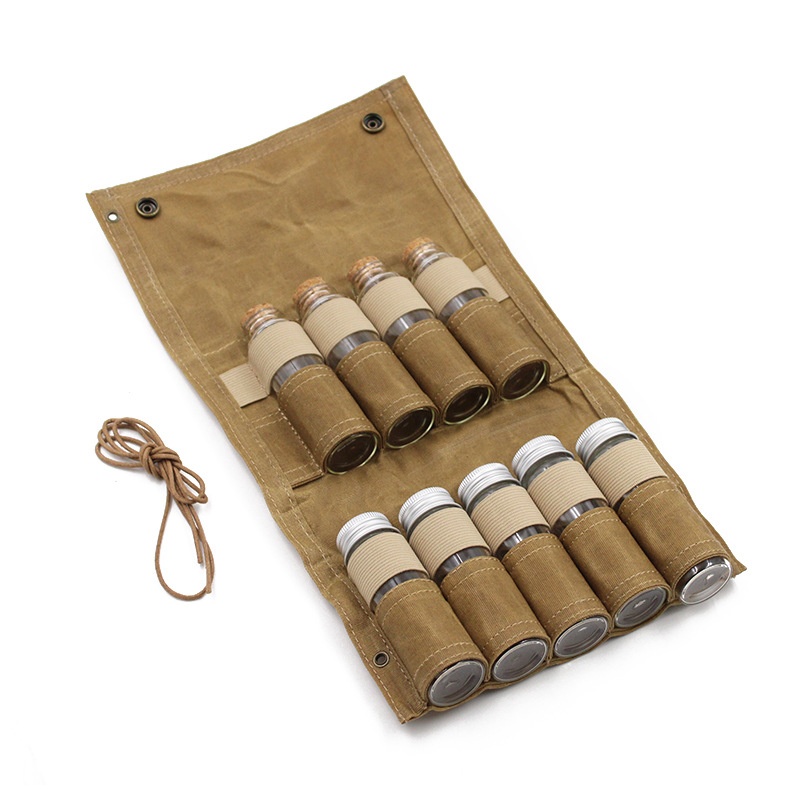 Outdoor Picnic Tableware Pack9 Glass Bottles Canvas Seasoning Bag Camping Barbecue Picnic Seasoning Bottle Storage Bag