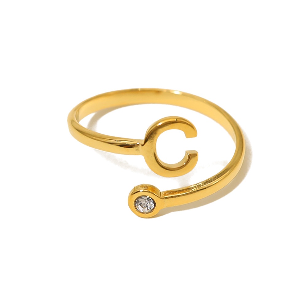 All English Alphabet Series Titanium Steel Electroplated Real Gold Open Ring For Women European And American Foreign Trade Diamond Index Finger Ring Will Not Fade